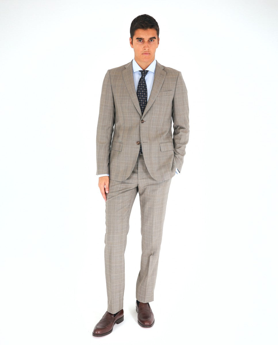 Fato Soft Slim 100% Lã Príncipe de Gales em Bege Escuro