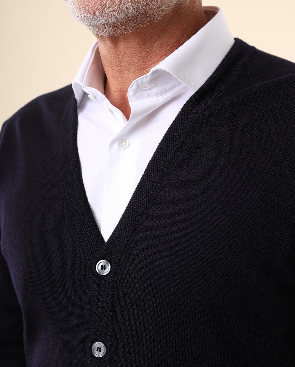 Casaco de Malha 100% Lã Merino em Azul Escuro