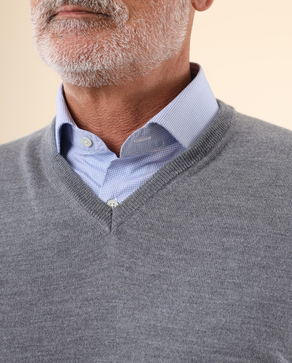 Camisola Decote em V 100% Lã Merino em Cinzento