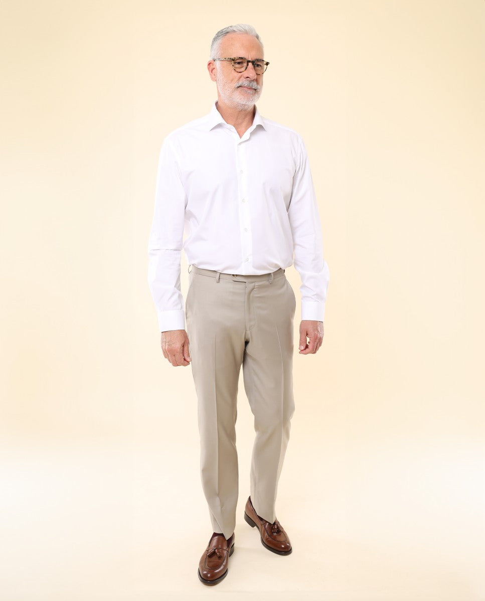 Pantalón Regular 100% Lana Virgem en Beige Claro