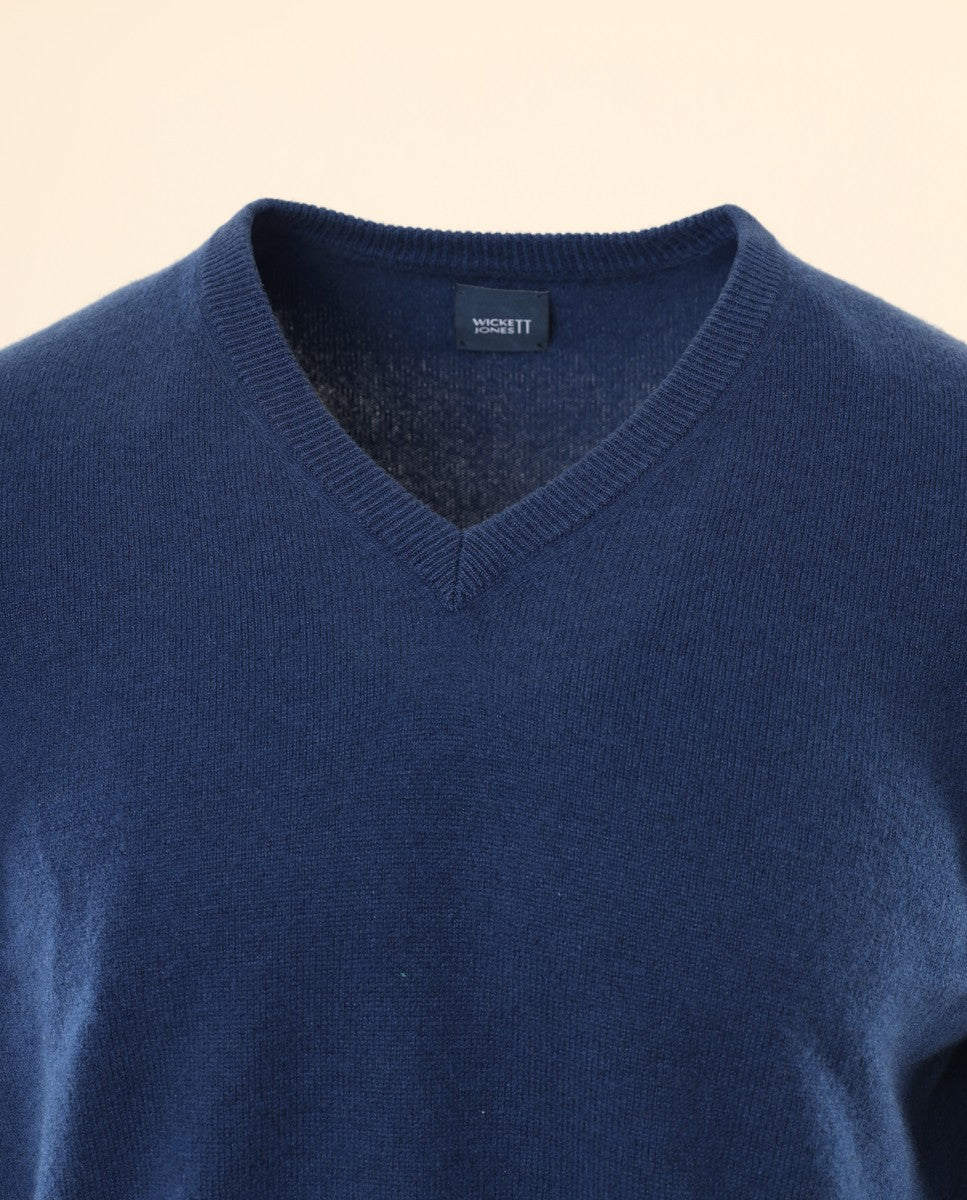 Camisola Decote em V 100% Caxemira em Azul