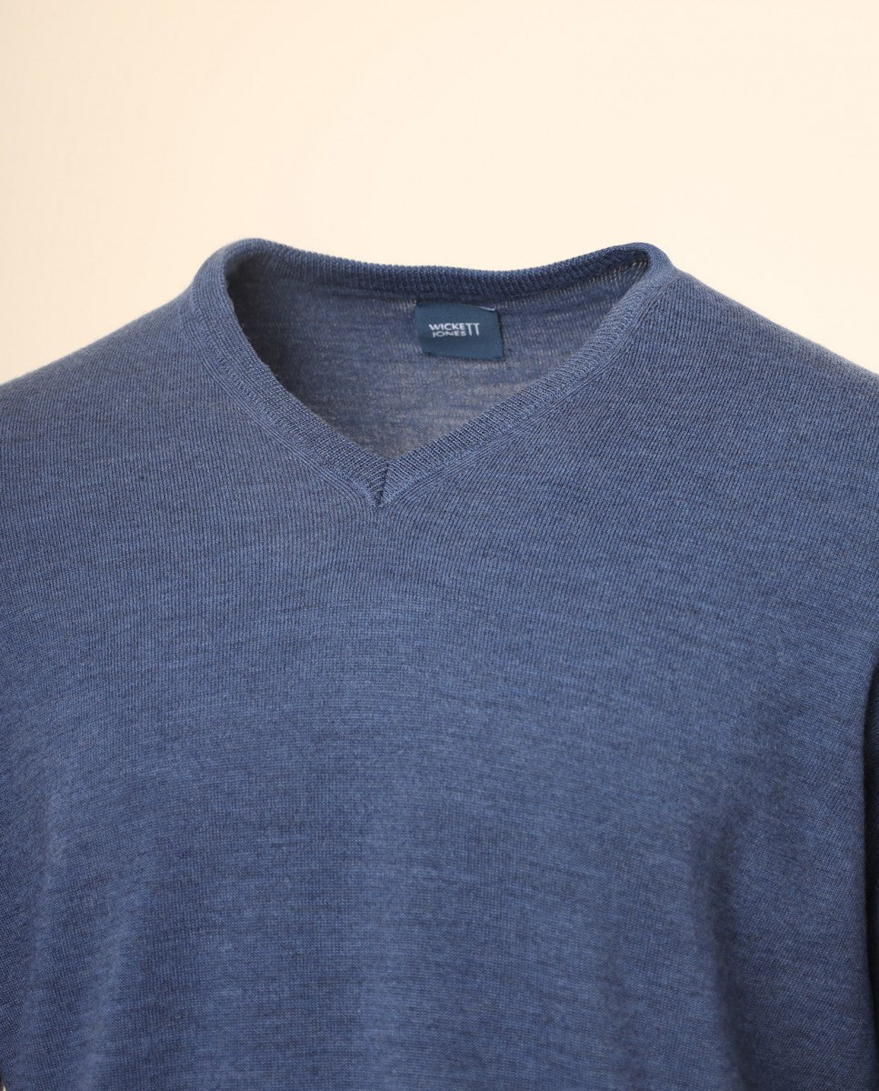 Camisola Decote em V 100% Lã Merino em Azul