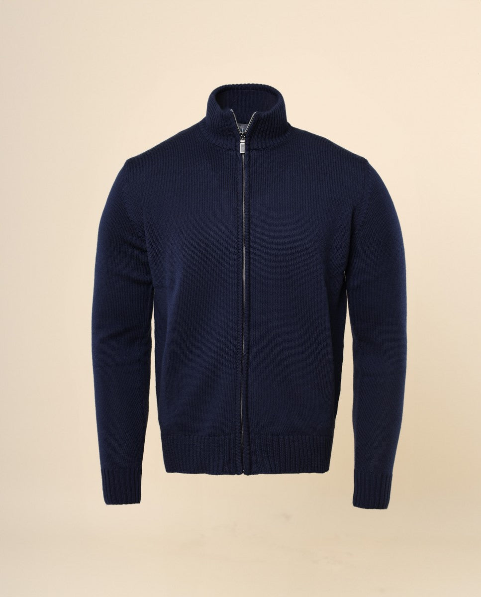 Casaco de Malha 100% Lã Merino em Azul Escuro