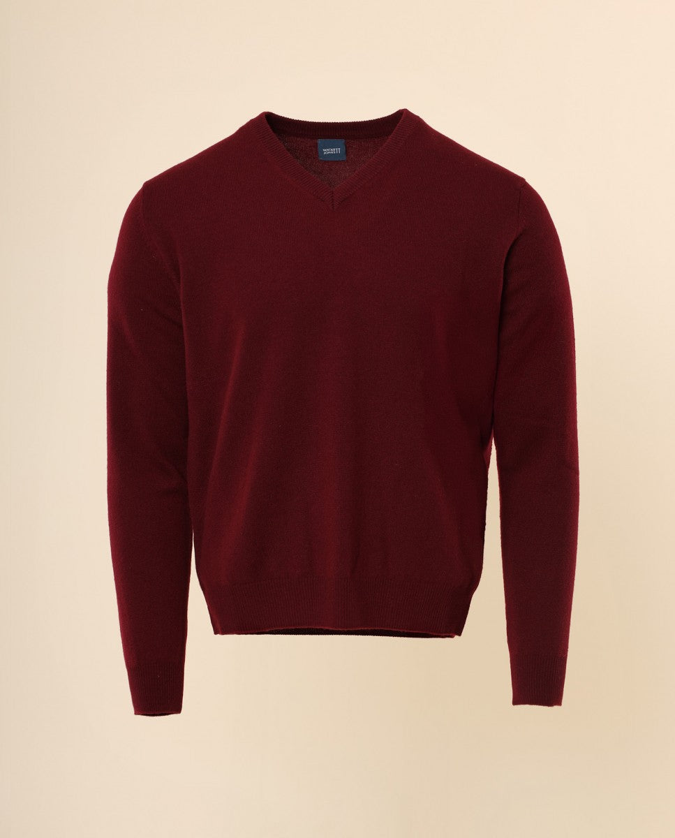Camisola Decote em V 100% Caxemira em Bordeaux