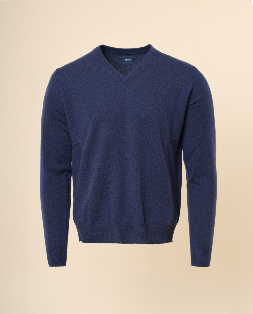 Camisola Decote em V 100% Caxemira em Azul