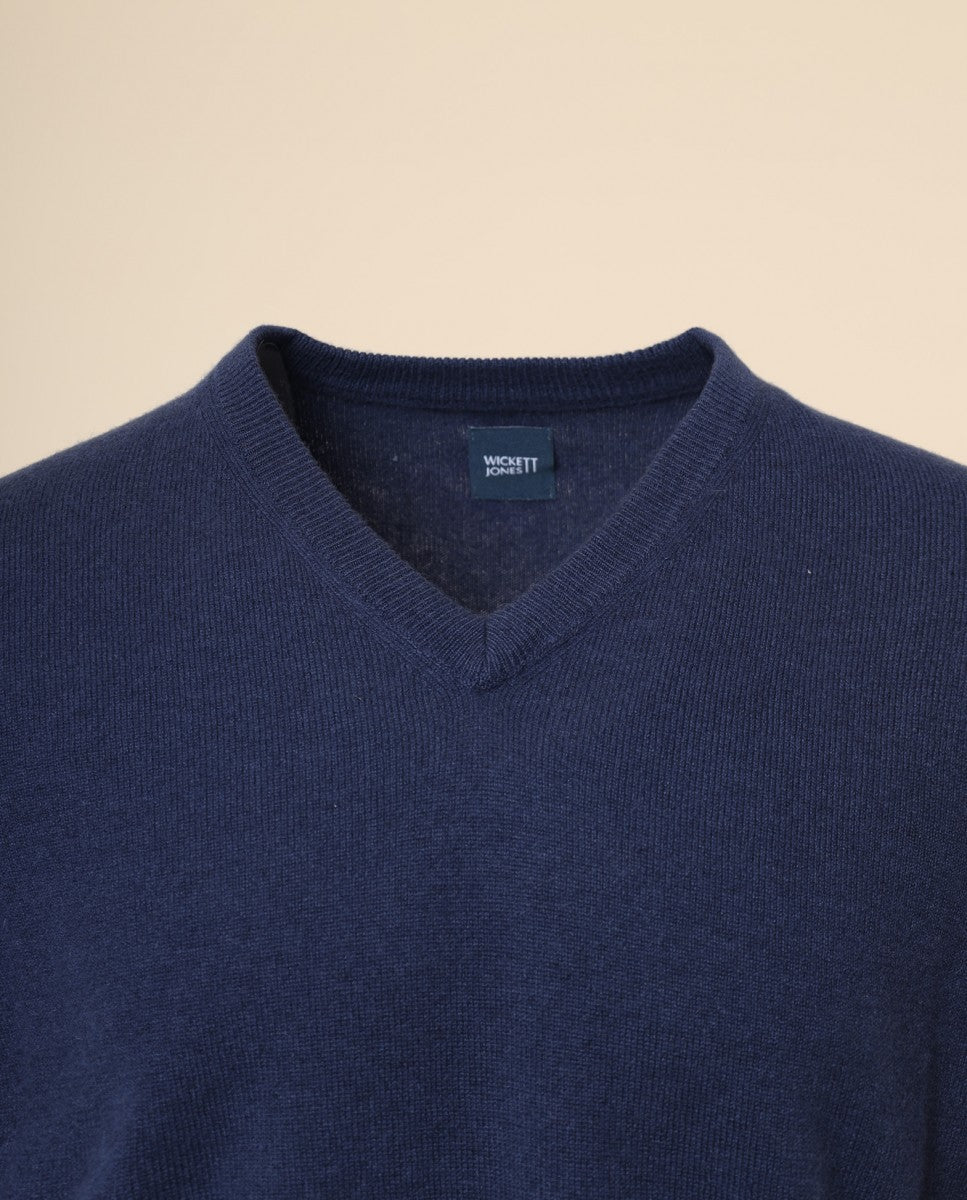 Camisola Decote em V 100% Caxemira em Azul