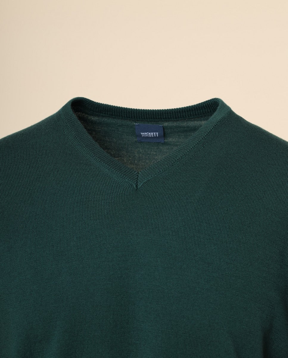 Camisola Decote em V 100% Lã Merino em Verde Escuro