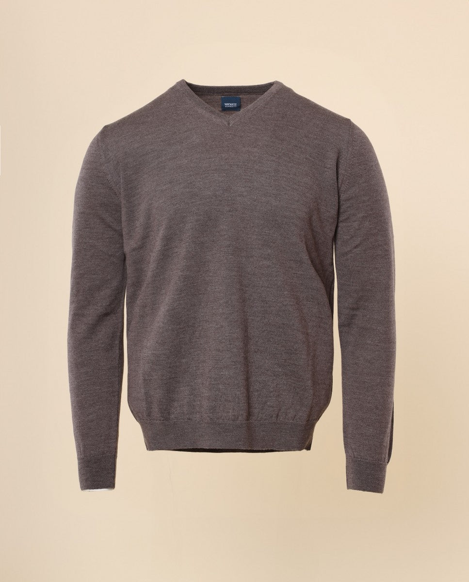 Camisola Decote em V 100% Lã Merino em Castanho Claro