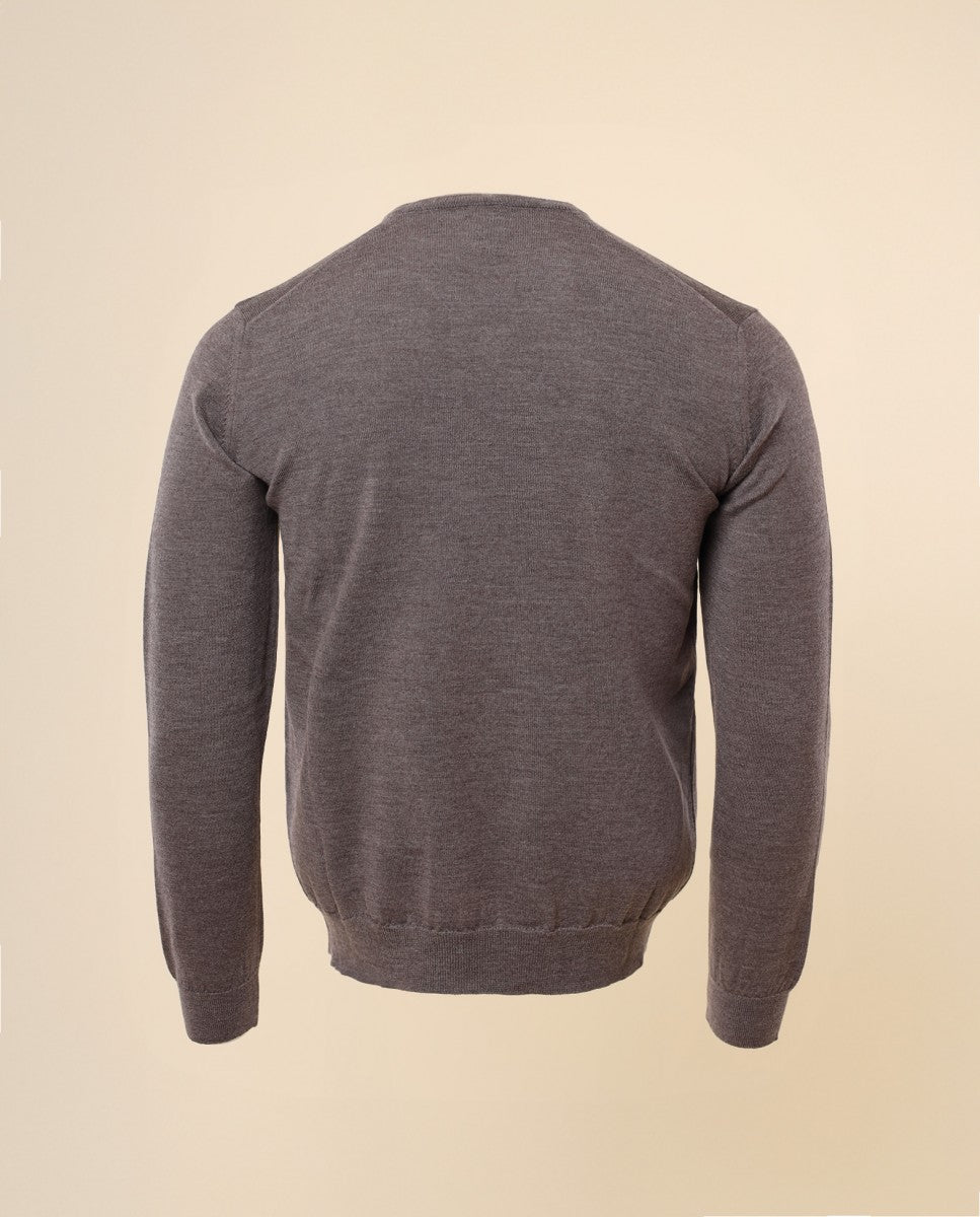 Camisola Decote em V 100% Lã Merino em Castanho Claro