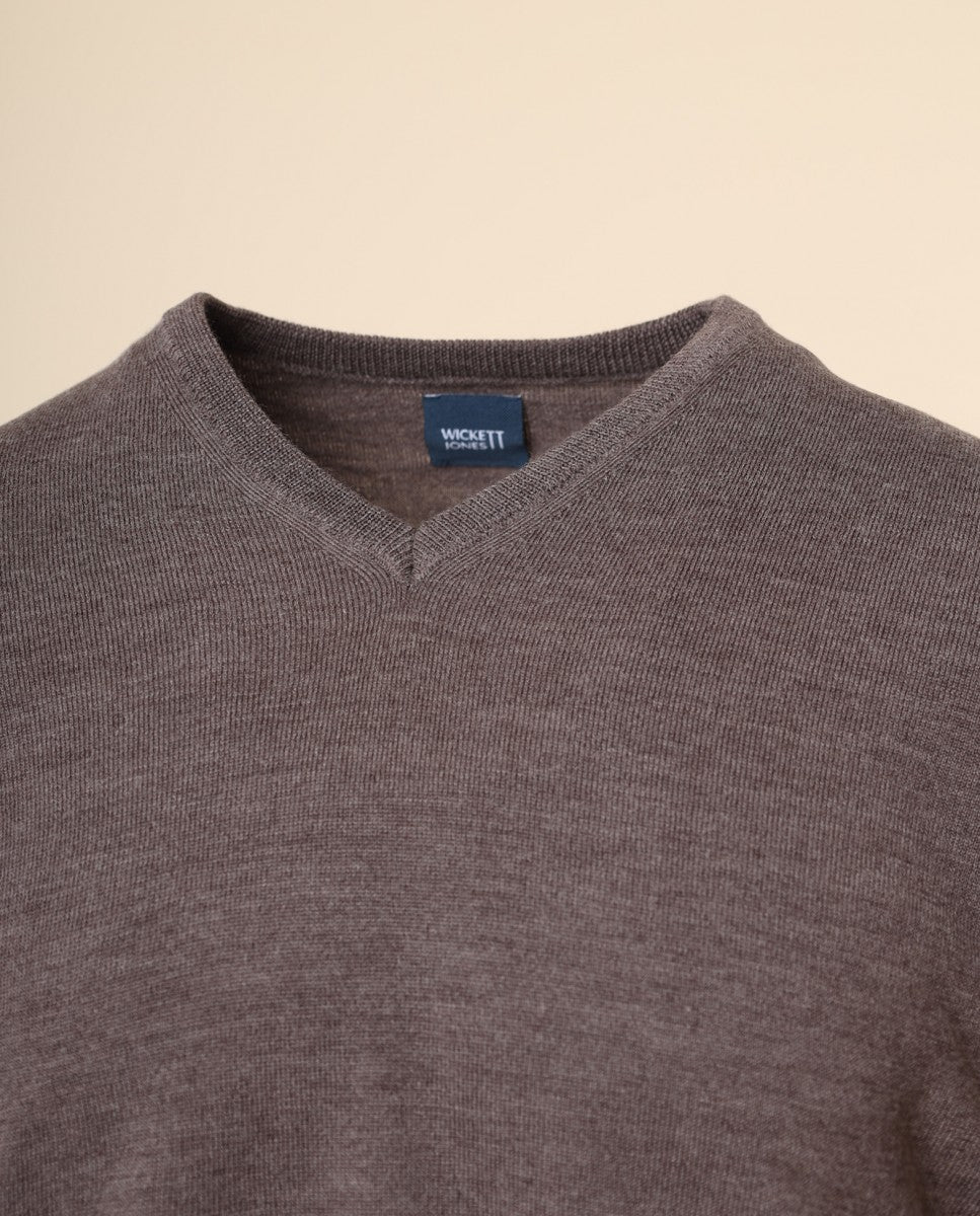 Camisola Decote em V 100% Lã Merino em Castanho Claro