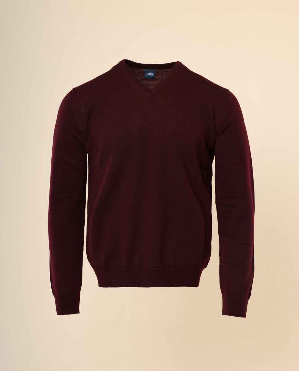 Camisola Decote em V 100% Lã Merino em Bordeaux Escuro