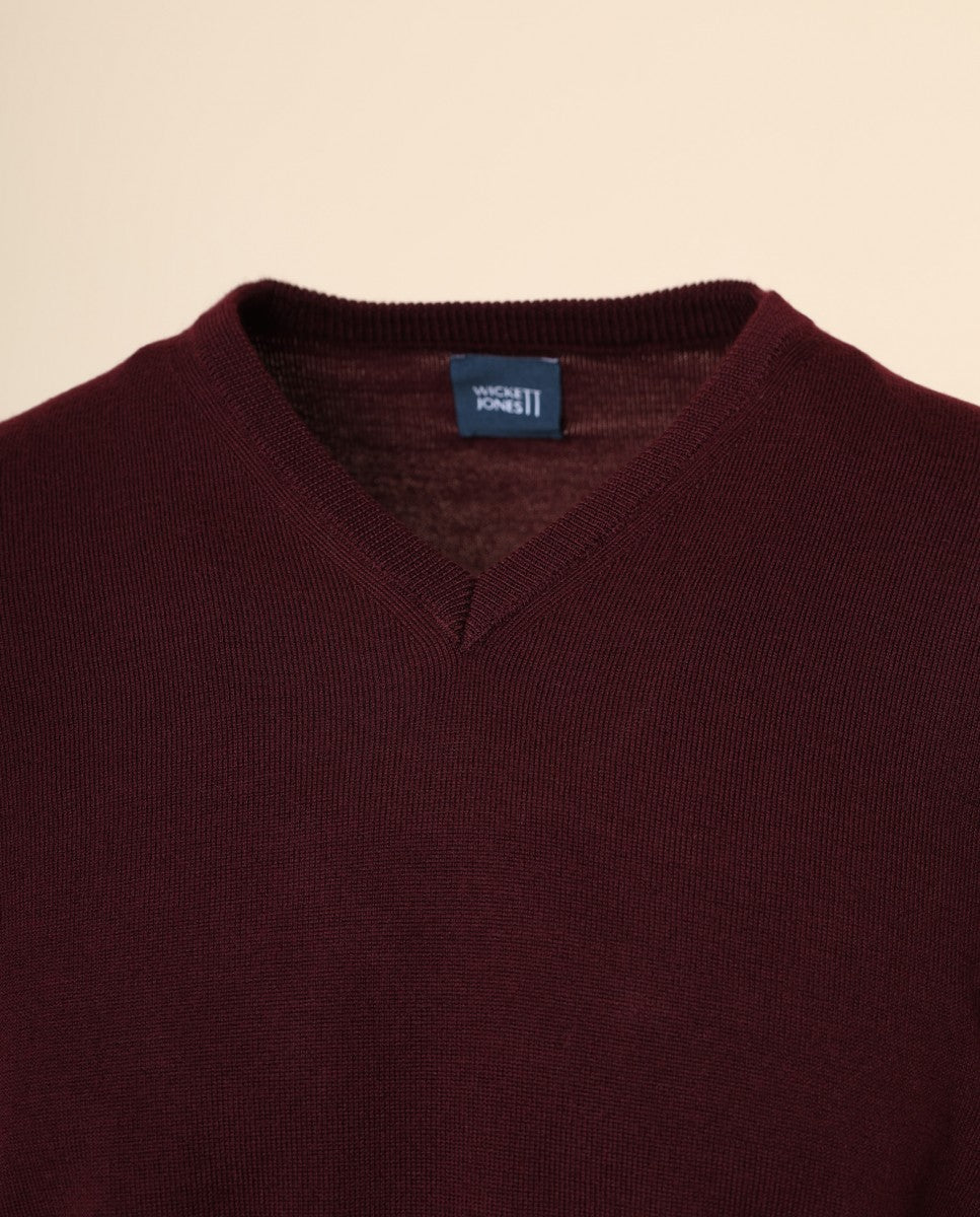 Camisola Decote em V 100% Lã Merino em Bordeaux Escuro
