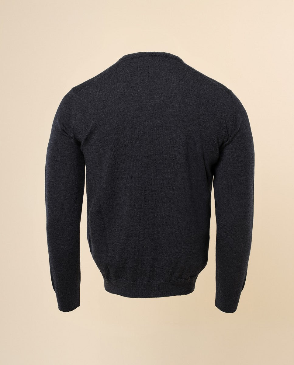 Camisola Decote em V 100% Lã Merino em Cinzento Escuro