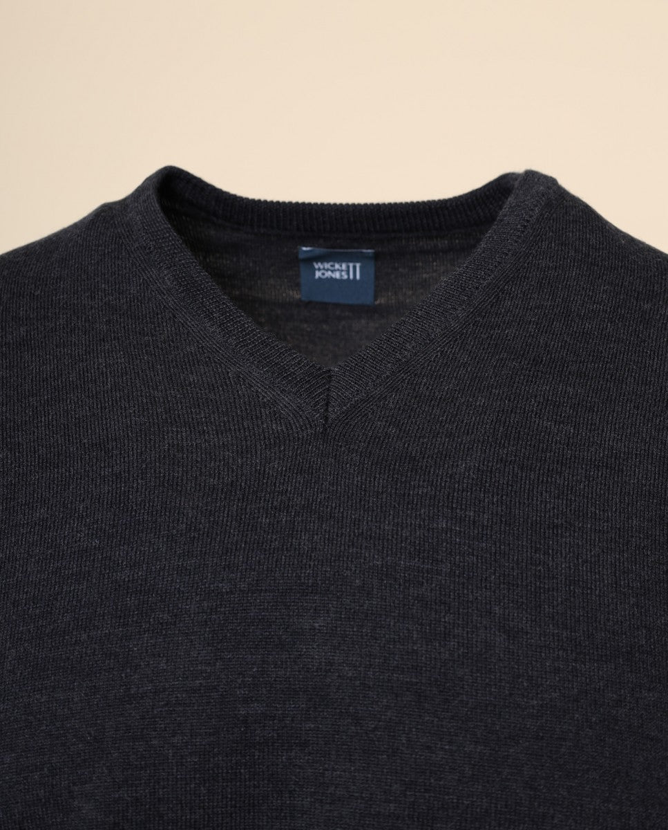 Camisola Decote em V 100% Lã Merino em Cinzento Escuro