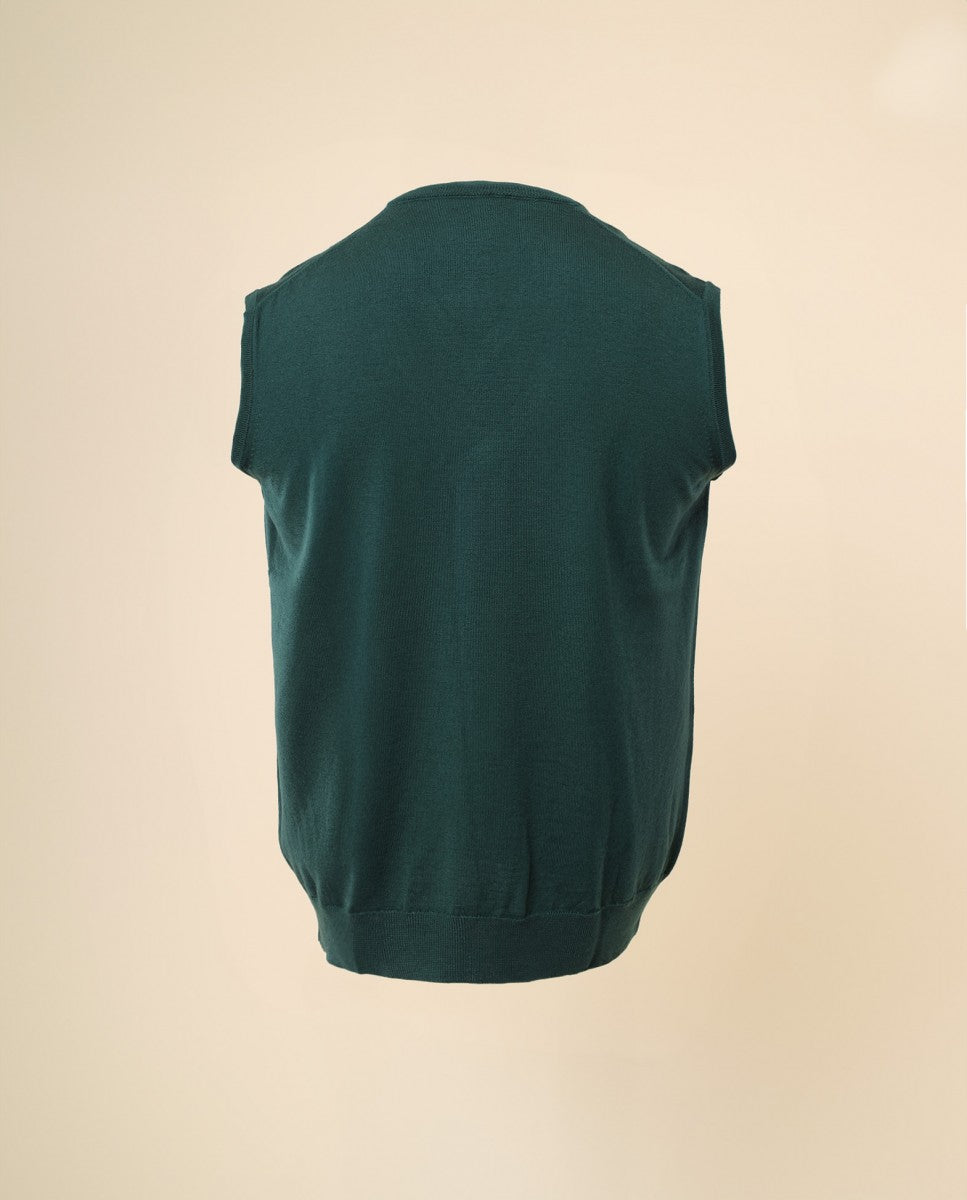 Camisola Decote em V Sem Mangas 100% Lã Merino em Verde Escuro