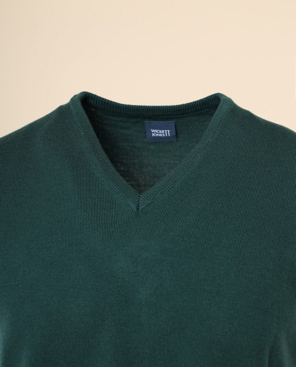 Camisola Decote em V Sem Mangas 100% Lã Merino em Verde Escuro