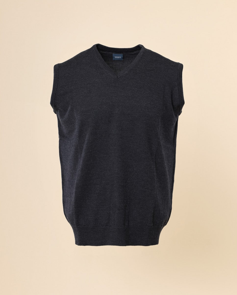 Camisola Decote em V Sem Mangas 100% Lã Merino em Cinzento Escuro