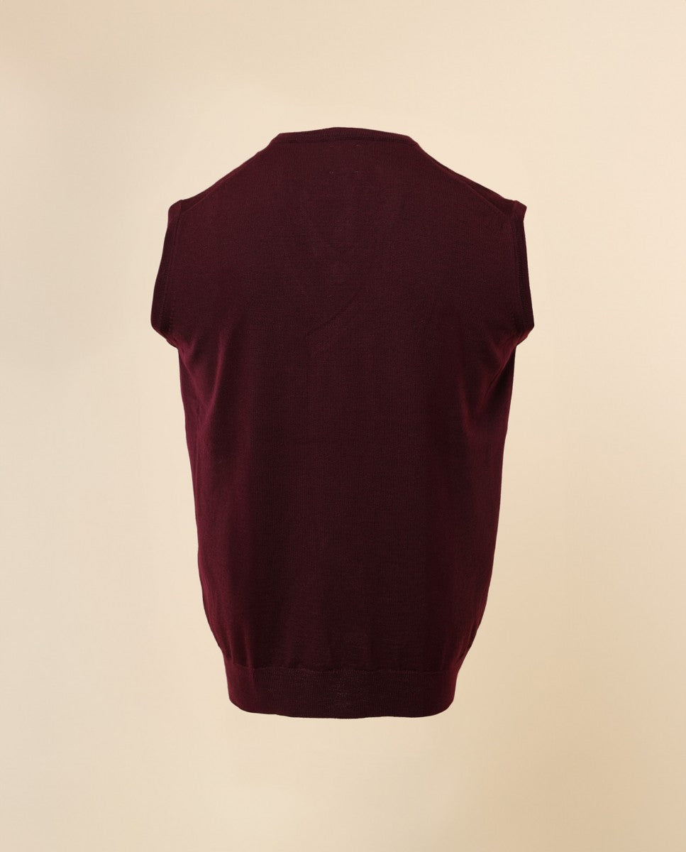 Camisola Decote em V Sem Mangas 100% Lã Merino em Bordeaux Escuro