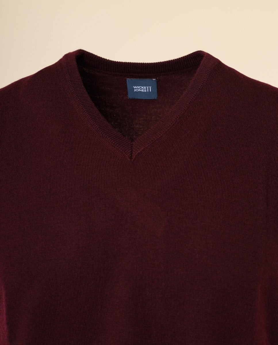 Camisola Decote em V Sem Mangas 100% Lã Merino em Bordeaux Escuro