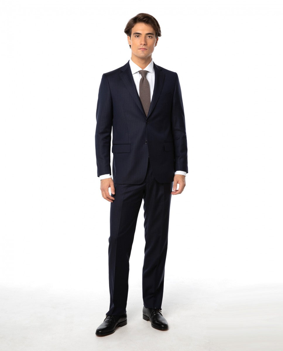Dark Blue Suit Regular Stripes 100% Wool