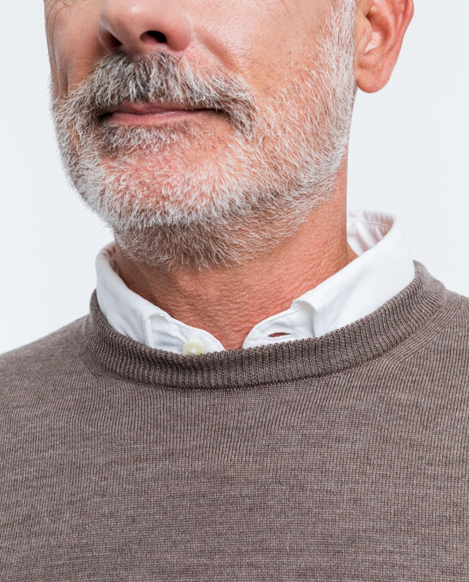 Brown Crew Neck Sweater 100% Merino Wool