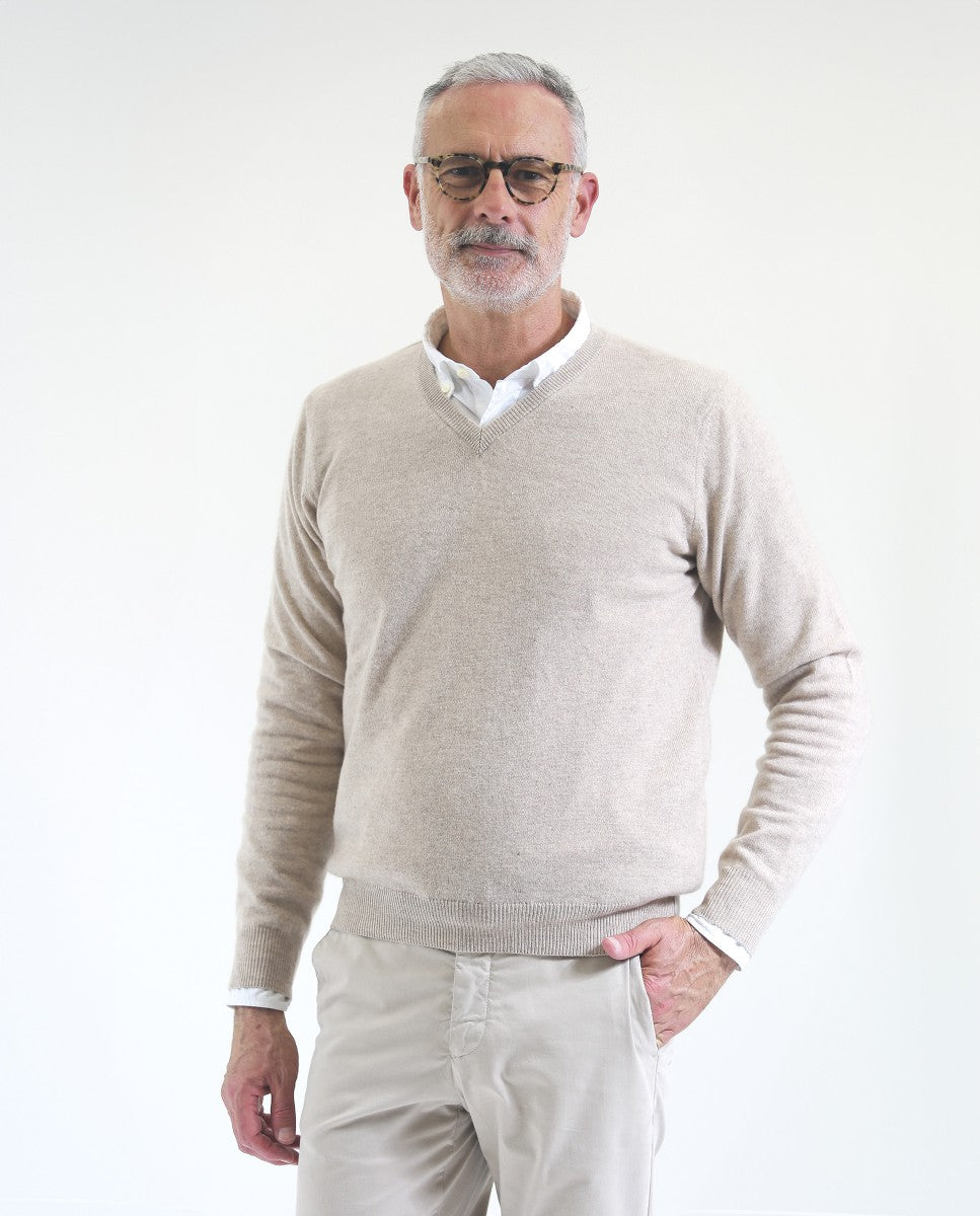 Light Beige V Neck Sweater 100% Cashmere
