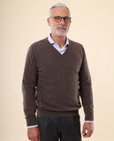 Camisola Decote em V 100% Lã em Castanho Escuro