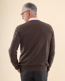 Camisola Decote em V 100% Lã em Castanho Escuro
