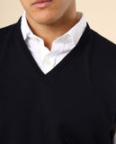 Camisola Decote em V Sem Mangas 100% Lã Merino em Azul Escuro