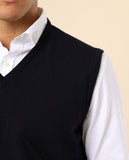 Camisola Decote em V Sem Mangas 100% Lã Merino em Azul Escuro