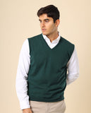 Camisola Decote em V Sem Mangas 100% Lã Merino em Verde Escuro