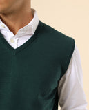 Camisola Decote em V Sem Mangas 100% Lã Merino em Verde Escuro