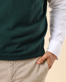 Camisola Decote em V Sem Mangas 100% Lã Merino em Verde Escuro