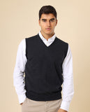 Camisola Decote em V Sem Mangas 100% Lã Merino em Cinzento Escuro