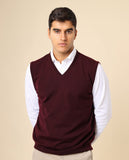 Camisola Decote em V Sem Mangas 100% Lã Merino em Bordeaux Escuro