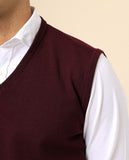 Camisola Decote em V Sem Mangas 100% Lã Merino em Bordeaux Escuro