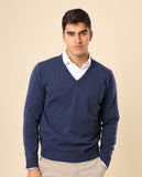 Camisola Decote em V 100% Caxemira em Azul