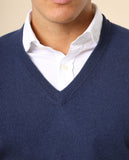 Camisola Decote em V 100% Caxemira em Azul