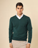 Camisola Decote em V 100% Lã Merino em Verde Escuro