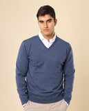 Camisola Decote em V 100% Lã Merino em Azul
