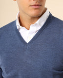 Camisola Decote em V 100% Lã Merino em Azul