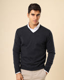 Camisola Decote em V 100% Lã Merino em Cinzento Escuro