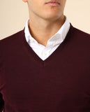 Camisola Decote em V 100% Lã Merino em Bordeaux Escuro
