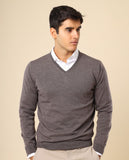 Camisola Decote em V 100% Lã Merino em Castanho Claro