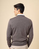 Camisola Decote em V 100% Lã Merino em Castanho Claro