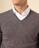 Camisola Decote em V 100% Lã Merino em Castanho Claro