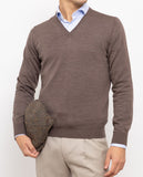 Brown V Neck Sweater 100% Merino Wool
