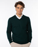 Camisola Decote V 100% Merino em Verde Escuro